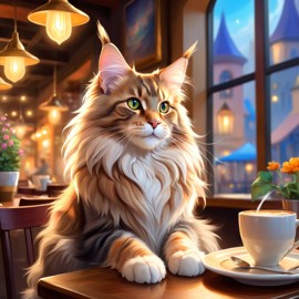 maine coon cat sitting in a cozy coffee shop, ethereal and magical.