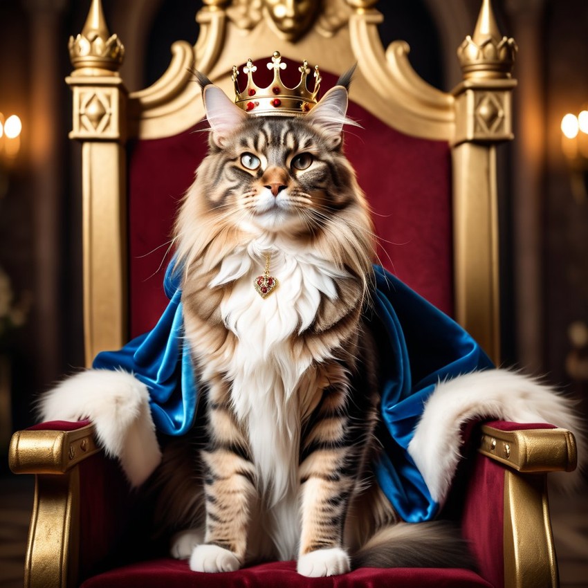 maine coon cat as a king in a magical castle, wearing a crown and robe, seated on a throne.