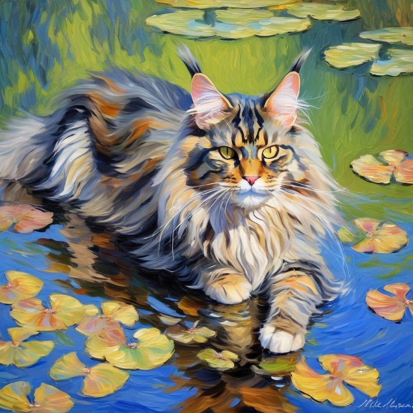 maine coon cat in the style of monet, featuring delicate brush strokes and a classic, artistic appearance.