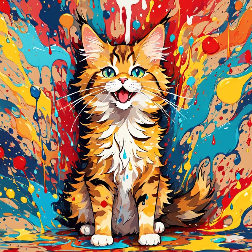 maine coon cat in pollock's drip technique, capturing dynamic and colorful modern art.