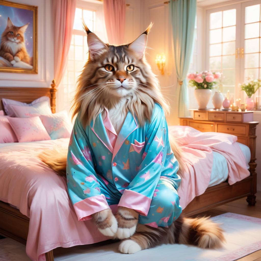 maine coon cat in cute pyjamas, relaxing in a posh bedroom, capturing an ethereal and happy moment.