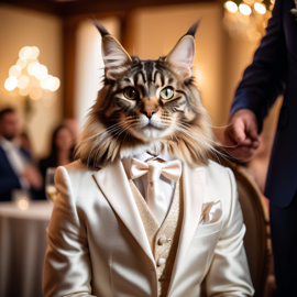 maine coon cat in a beautiful wedding suit, capturing a cute and happy moment in a romantic environment.