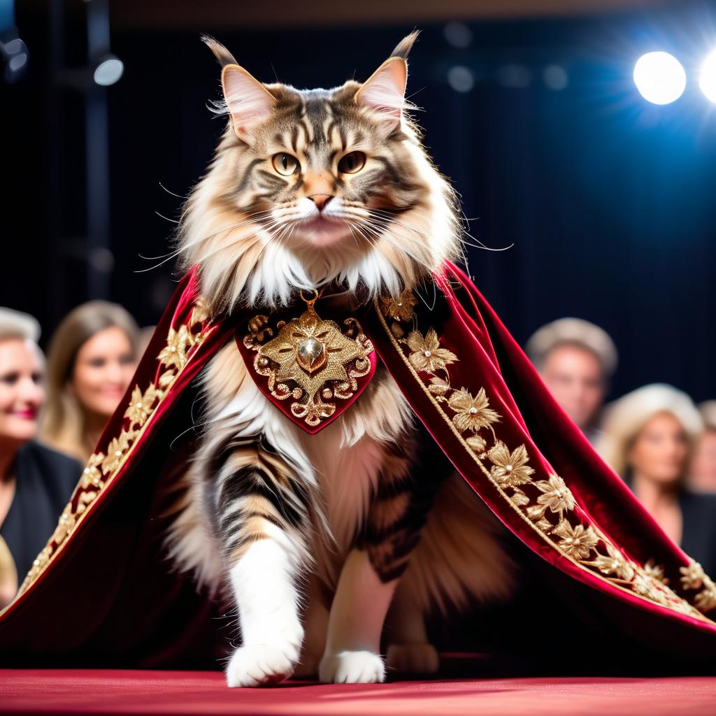 maine coon cat strutting down the fashion show catwalk stage in a luxurious velvet cape with gold embroidery, high energy and majestic.