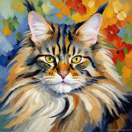 maine coon cat in the style of cezanne, highlighting classic brush strokes and an elegant, timeless look.