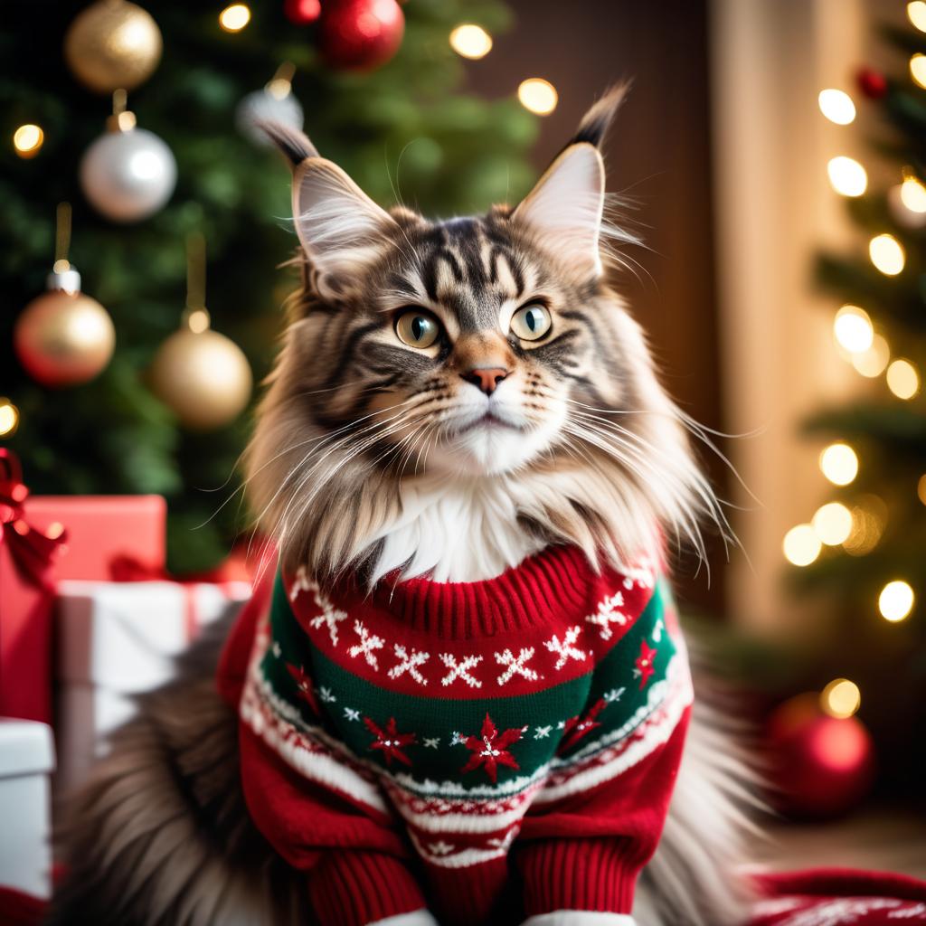 maine coon cat in a christmas sweater and santa hat, festive and detailed.