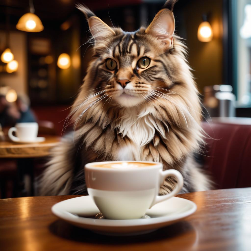 maine coon cat sitting in a cozy coffee shop with a cup of coffee, detailed and vibrant.