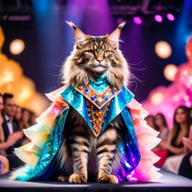 maine coon cat strutting down the fashion show catwalk stage in an extravagant cosmic-themed outfit with iridescent fabrics, high energy and extravagant.