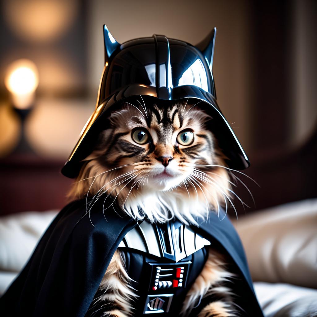 maine coon cat as darth vader from star wars, dressed as darth vader in a detailed star wars scene.