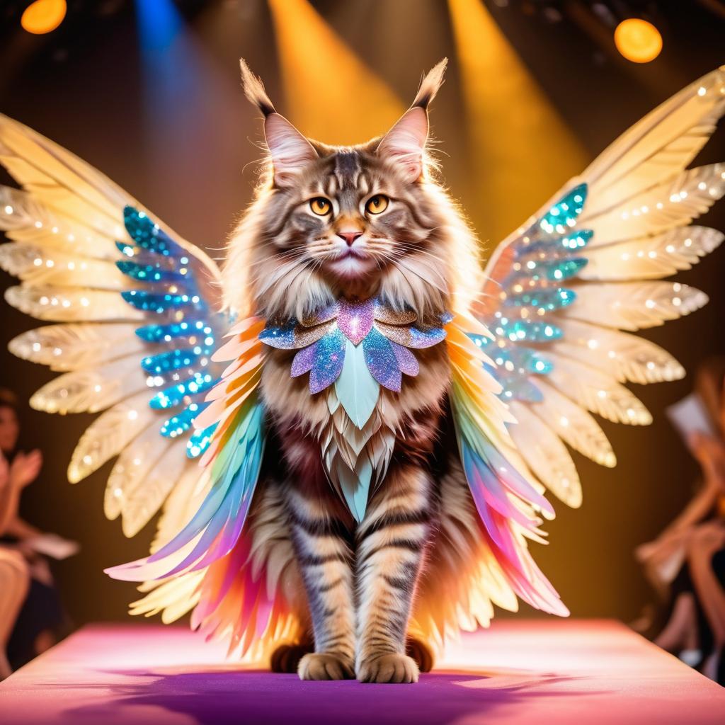 maine coon cat strutting down the fashion show catwalk stage in a magical fairytale dress with glittering wings, high energy and magical.