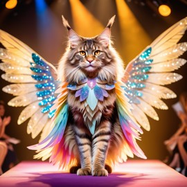 maine coon cat strutting down the fashion show catwalk stage in a magical fairytale dress with glittering wings, high energy and magical.