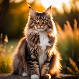 maine coon cat in golden hour light, highlighting their beauty in nature with a moody and detailed atmosphere.