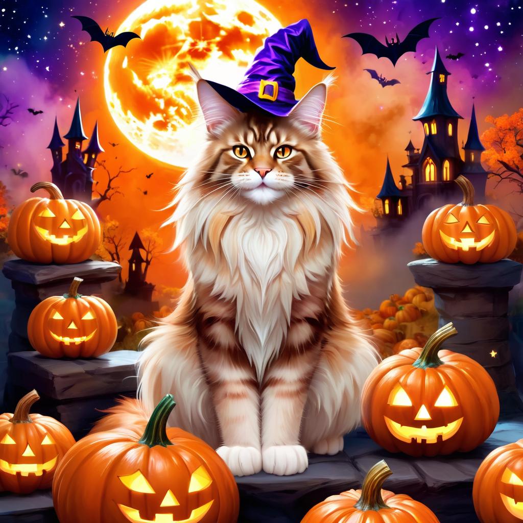 maine coon cat in a halloween costume, with a magical and ethereal atmosphere surrounded by pumpkins.