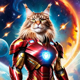 maine coon cat as iron man, showcasing a celestial, painterly style with a magical iron man costume.