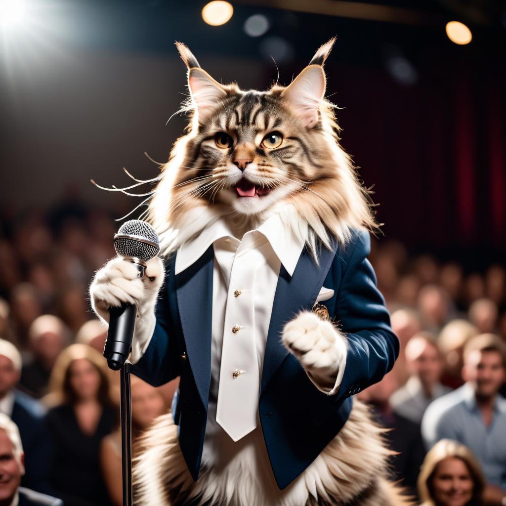 maine coon cat as a keynote speaker on stage, dressed elegantly, holding a microphone, exuding charisma and confidence.