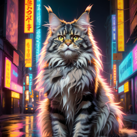 maine coon cat in a vibrant neon city with chinapunk style, featuring captivating lighting and a modern, exotic look.