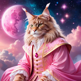 maine coon cat in pink clothing, set in a beautiful pink scene with a dreamy, magical vibe.