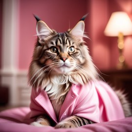 maine coon cat dressed in pink clothing, in a beautiful pink scene, radiating joy and cuteness.