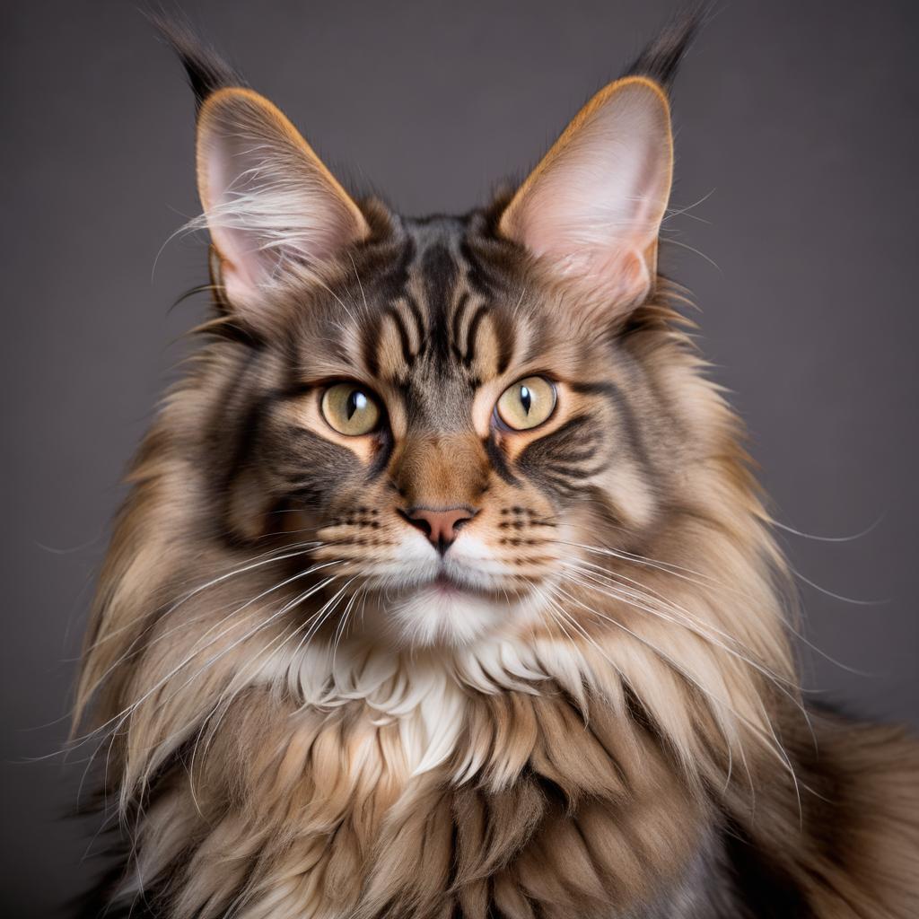 professional headshot of maine coon cat for a cv or linkedin, studio photo with diffused background.