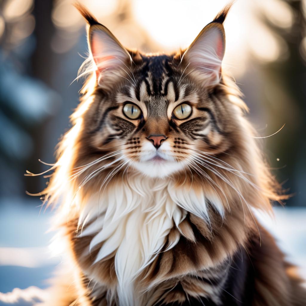 maine coon cat in a beautiful winter scene, wearing stylish winter clothing, looking cute and happy.