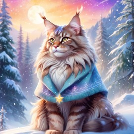 maine coon cat in a winter scene, wearing stylish winter clothing, looking cute and happy.