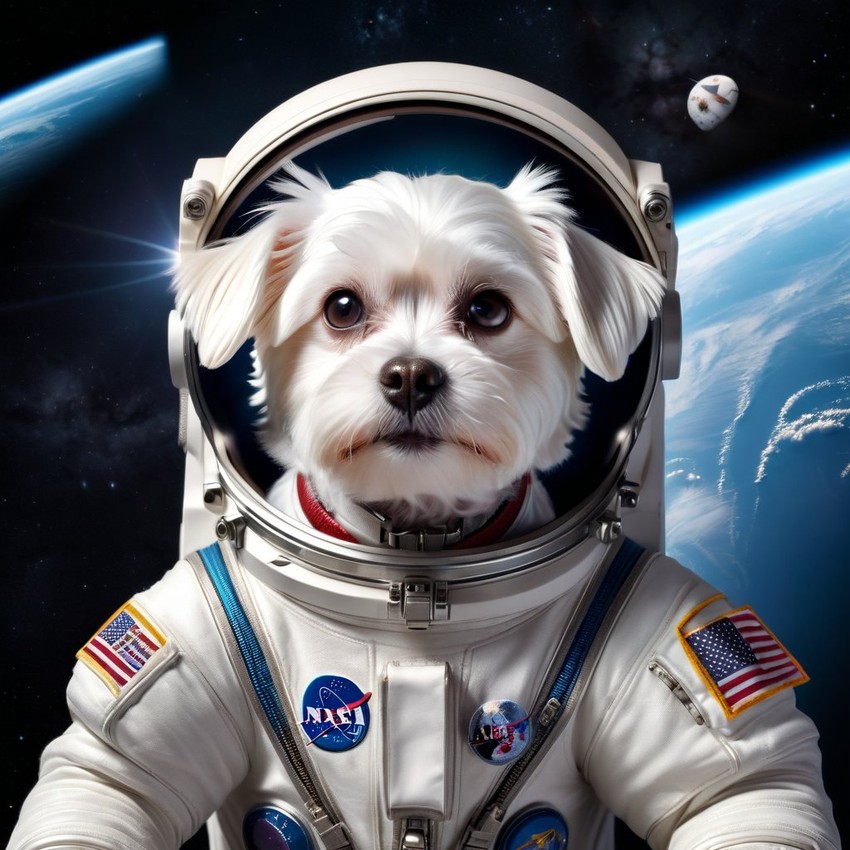 maltese as astronaut in space, wearing spacesuit, highly detailed and lifelike.