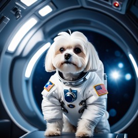 maltese as astronaut in space, wearing spacesuit, with spacestation background.