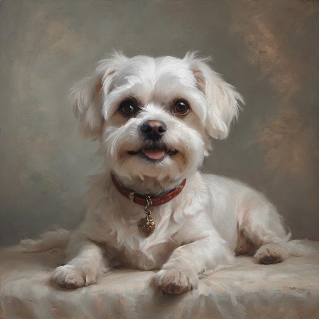 baroque oil painting of maltese with soft lighting in diego velazquez style, elegant and sophisticated.