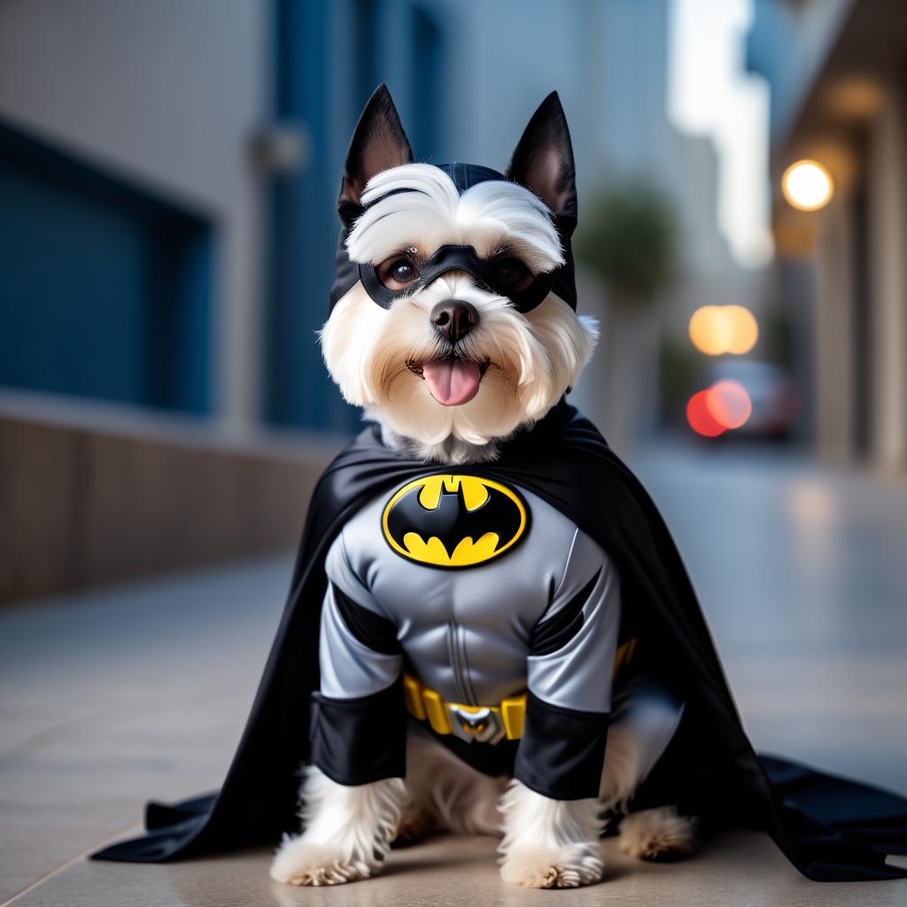 maltese as batman, wearing batman suit and mask, highly detailed and vibrant.