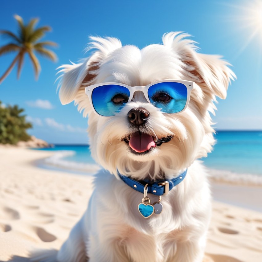 maltese on a beautiful beach with white sand and blue sea, wearing sunglasses.