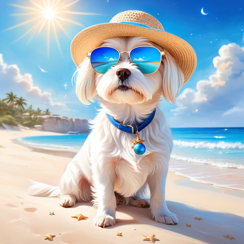 maltese on a beach with white sand and blue sea, wearing sunglasses and summer hat.