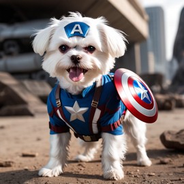 maltese as captain america from avengers, in action, cute and happy.