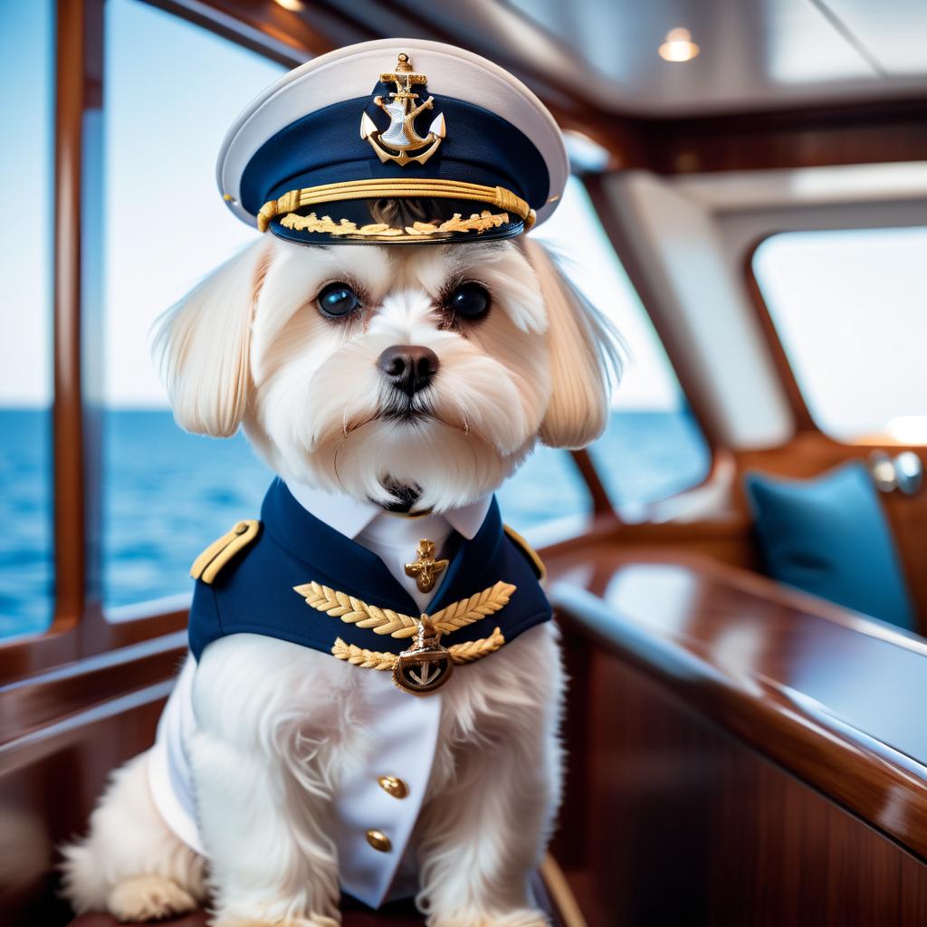 maltese as a captain on a luxury yacht, wearing captain uniform, against a blue sea.