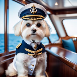 maltese as a captain on a luxury yacht, wearing captain uniform, against a blue sea.