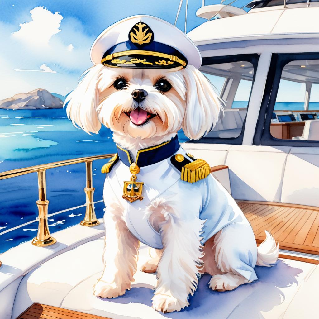 watercolor painting of maltese as a captain on a luxury yacht, wearing captain uniform, vibrant and detailed.