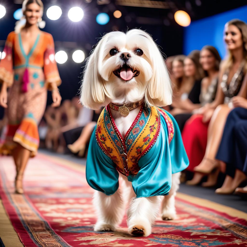 maltese strutting down the fashion show catwalk stage in a colorful bohemian outfit with flowing fabrics, high energy and joyful.