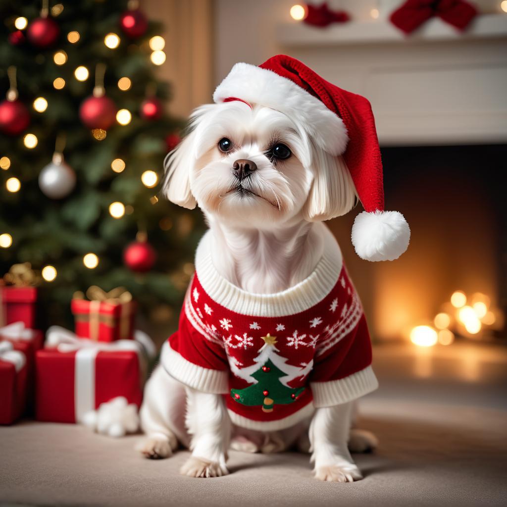 maltese in a christmas sweater and santa hat, festive and detailed.