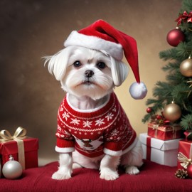 maltese in a christmas sweater and santa hat, lifelike and festive.