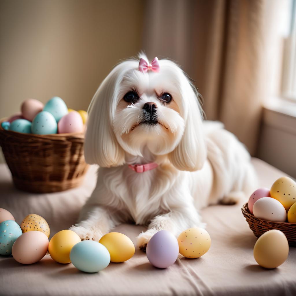 maltese in a beautiful easter setting with colorful eggs, highly detailed and charming.