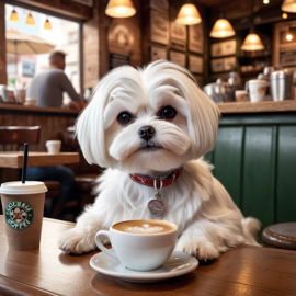 maltese sitting in a cozy coffee shop, lifelike and detailed.