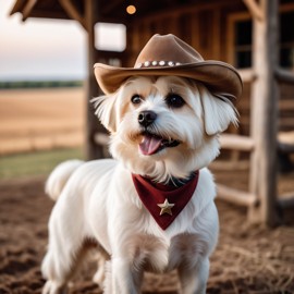 maltese as a cowboy wearing a hat, in the midwest countryside, on a farm.