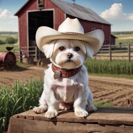 maltese as a cowboy wearing a hat, in the midwest countryside, on a farm.