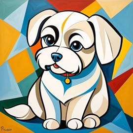 abstract cubism style portrait of maltese inspired by picasso, blending creativity and classic art in a bold representation.