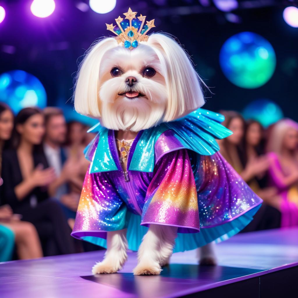 maltese strutting down the fashion show catwalk stage in an extravagant cosmic-themed outfit with iridescent fabrics, high energy and extravagant.