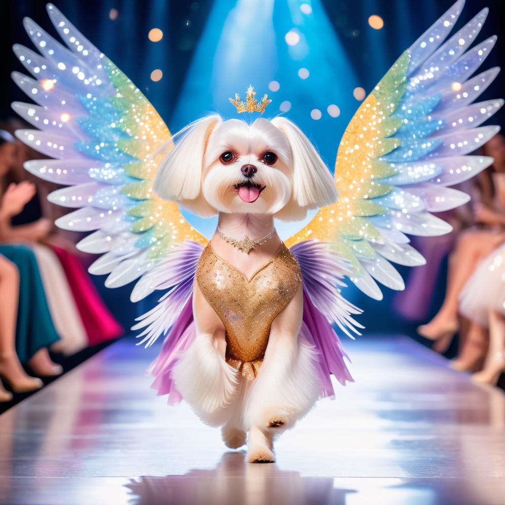 maltese strutting down the fashion show catwalk stage in a magical fairytale dress with glittering wings, high energy and magical.