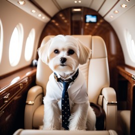 maltese in a gulfstream private jet, dressed in elegant clothing, capturing a posh and happy moment.