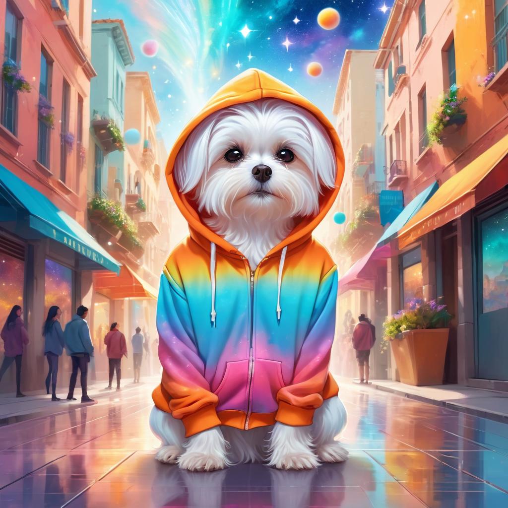 maltese in a colorful hoodie, with a magical urban background highlighting a cute and happy vibe.