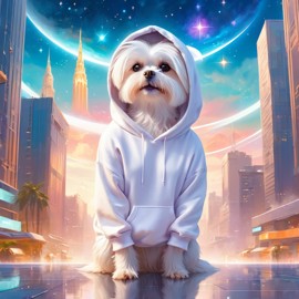 maltese in a white hoodie, featuring a magical and ethereal urban setting with a cute and happy vibe.