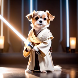 maltese as a jedi knight, featuring a lightsaber and a star wars environment in a high-detail, epic style.