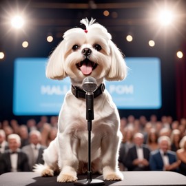 maltese as a keynote speaker on stage, dressed elegantly, holding a microphone, exuding charisma and confidence.