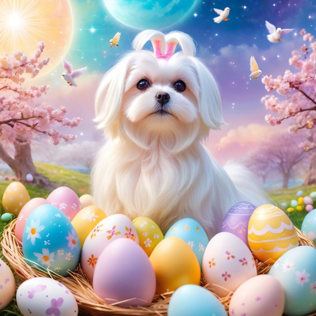 maltese in a magical easter setting with colorful eggs, ethereal and dreamy details.